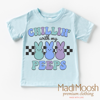 Chillin With My Peeps Easter Bunny design on a blue garment.