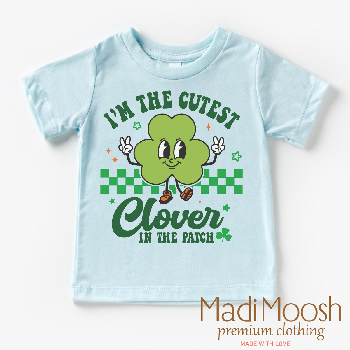 I'm The Cutest Clover In The Patch St. Patrick's Day design on a blue garment.