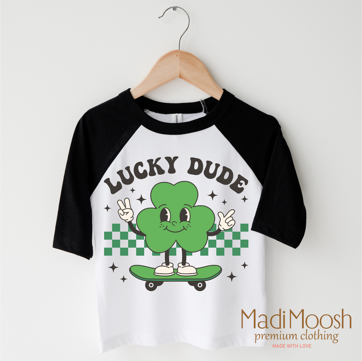 Lucky Dude St. Patrick's Day design on a black-accented shirt.