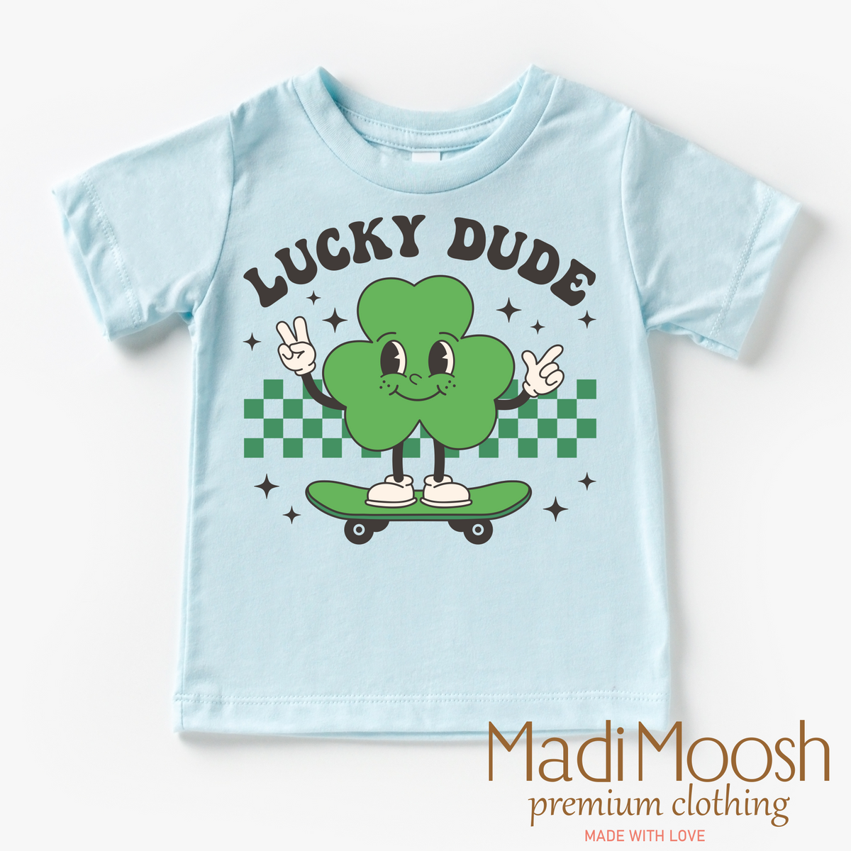 Lucky Dude St. Patrick's Day design on a blue garment.
