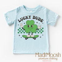 Lucky Dude St. Patrick's Day design on a blue garment.