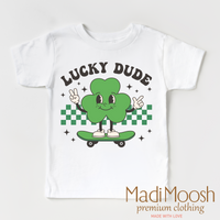 Lucky Dude St. Patrick's Day design on a white garment.