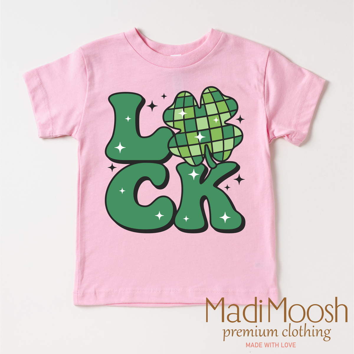 Luck Shamrock Retro St. Patrick's Day design on a pink garment.