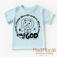 Child Of God design on a blue garment.