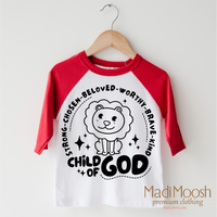 Child Of God design on a red-accented shirt.