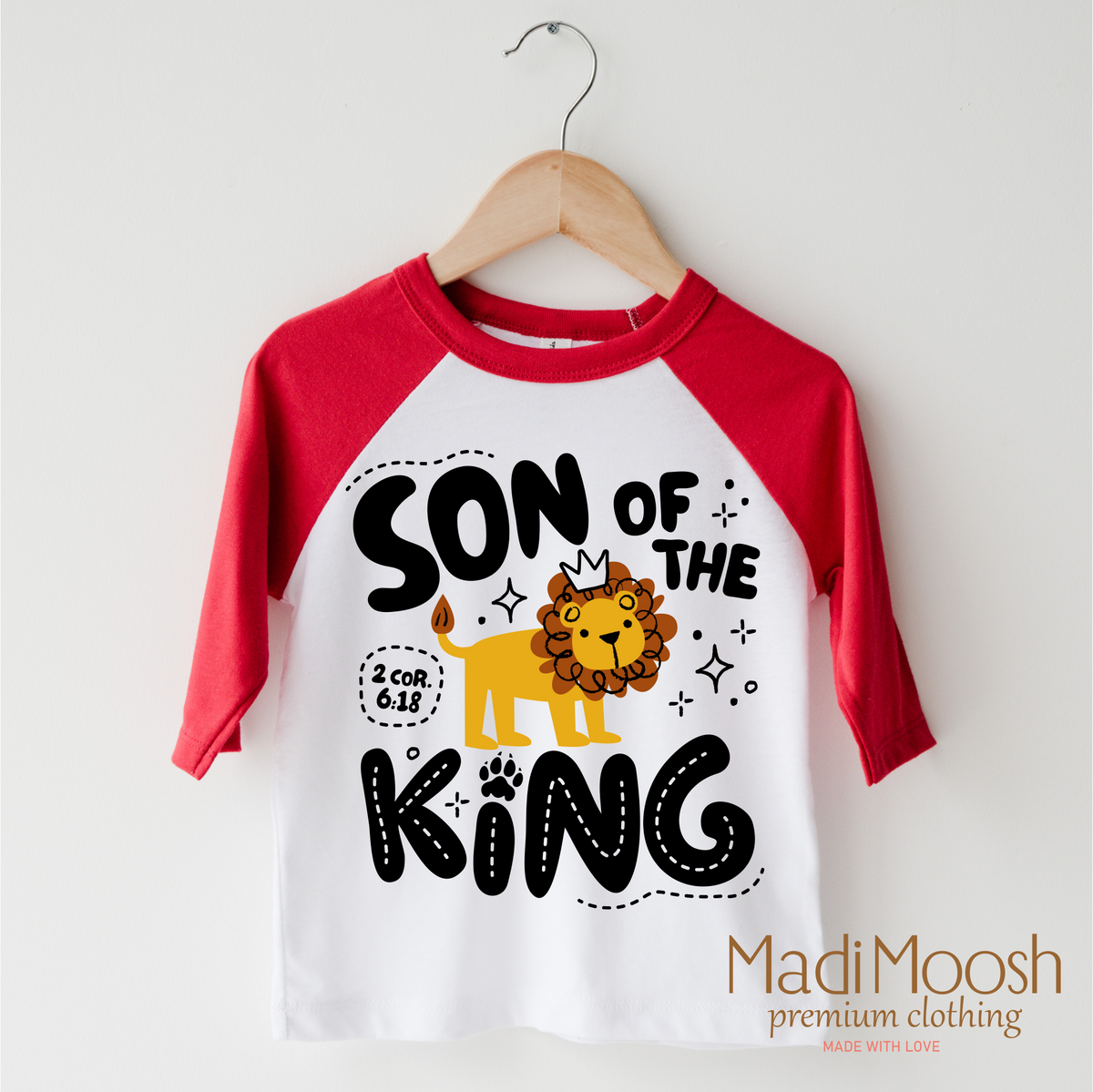 Son Of The King design on a red-accented shirt.