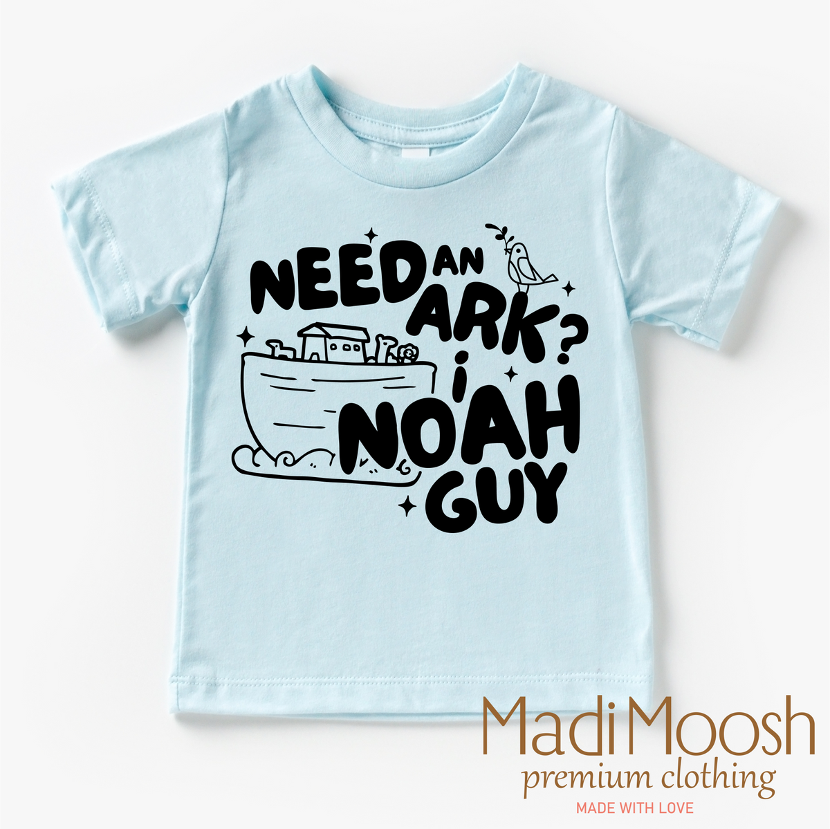 Need And Ark? I Noah Guy design on a blue garment.