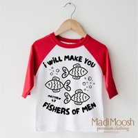 I Will Make You Fishers Of Men design on a red-accented shirt.