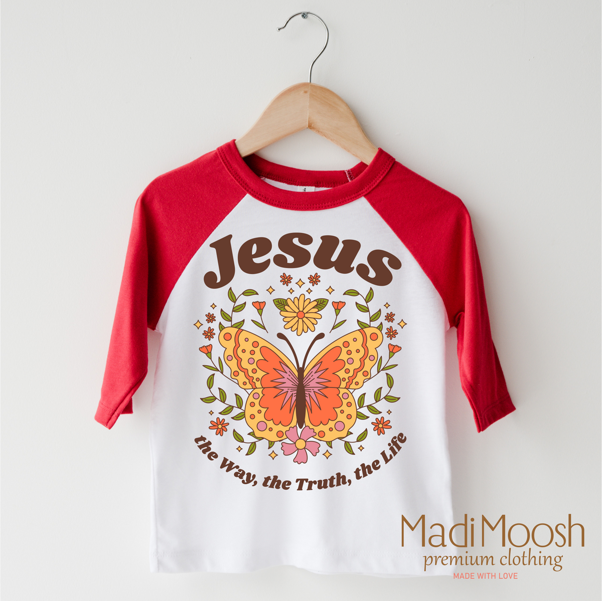 Jesus The Way The Truth The Life design on a red-accented shirt.