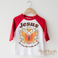 Jesus The Way The Truth The Life design on a red-accented shirt.
