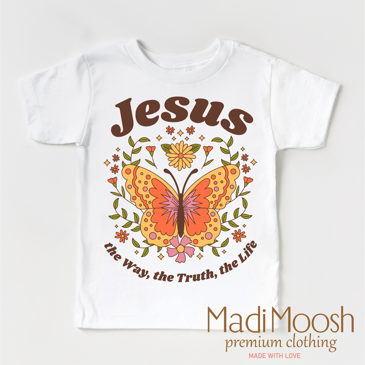 Jesus The Way The Truth The Life design on a white garment.
