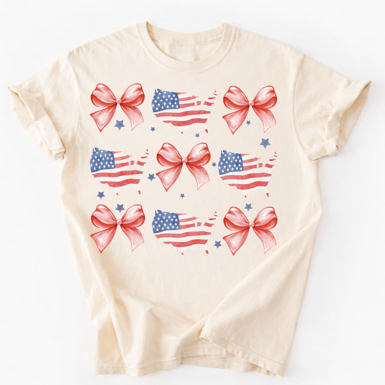 America, Flags, And Bows 4th Of July Unisex T-Shirt - Independence Day Tee Printed On Comfort Colors (Copy)