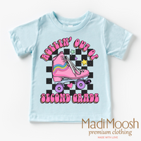 Rollin' Out Of 2nd Grade Last Day Of School design on an ice blue garment.