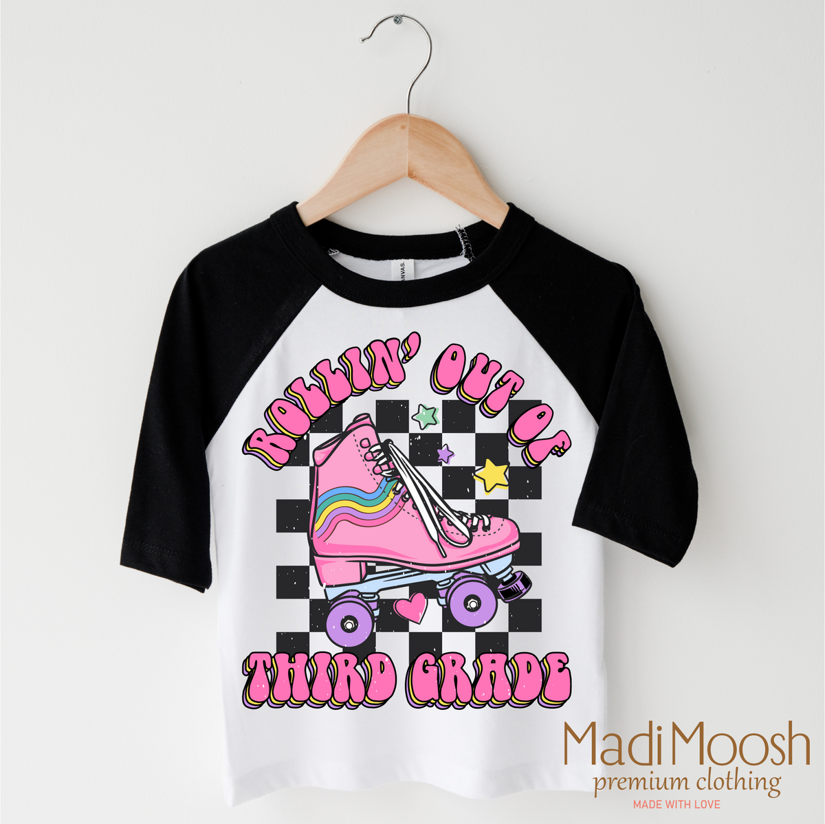 Rollin' Out Of 3rd Grade Last Day Of School design on a black-accented shirt.