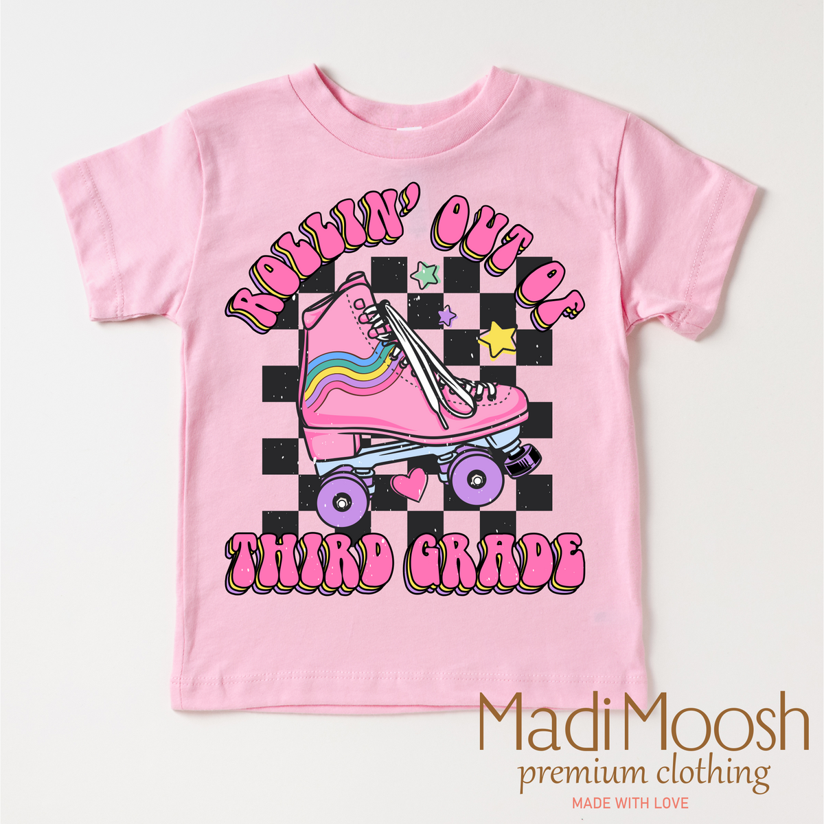 Rollin' Out Of 3rd Grade Last Day Of School design on a pink garment.