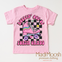Rollin' Out Of 4th Grade Last Day Of School design on a pink garment.