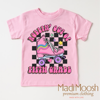 Rollin' Out Of 5th Grade Last Day Of School design on a pink garment.