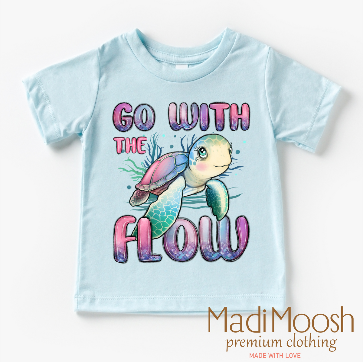 Go With The Flow Turtle design on a blue garment.