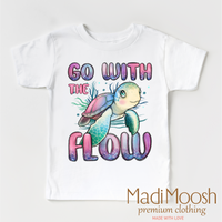 Go With The Flow Turtle design on a white garment.