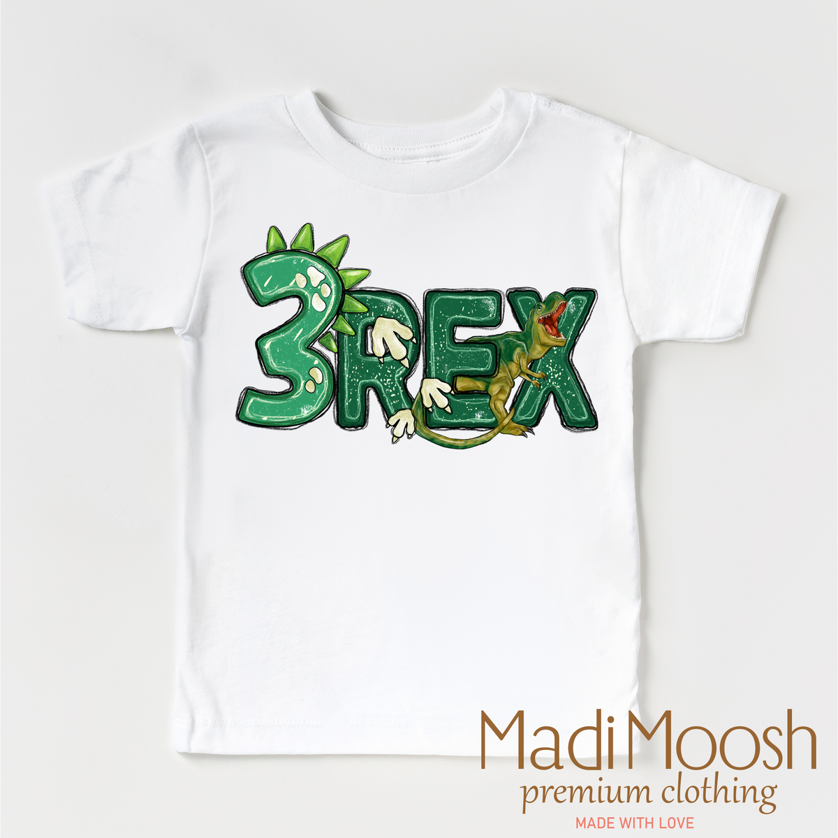 Three Rex Dinosaur Birthday design on a white garment.