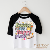 Books Are My Happy Place design on a black-accented shirt.
