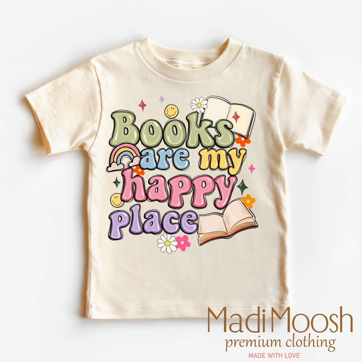 Books Are My Happy Place, Reading graphic T-shirt by Madi Moosh