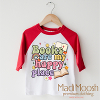 Books Are My Happy Place design on a red-accented shirt.