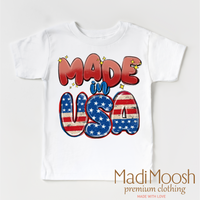 Made In The USA America design on a white garment.