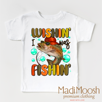 Wishing I Was Fishing design on a white garment.