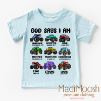 God Says I Am Bible Verses Monster Truck Shirt - Christian Tee - Madi Moosh Boutique