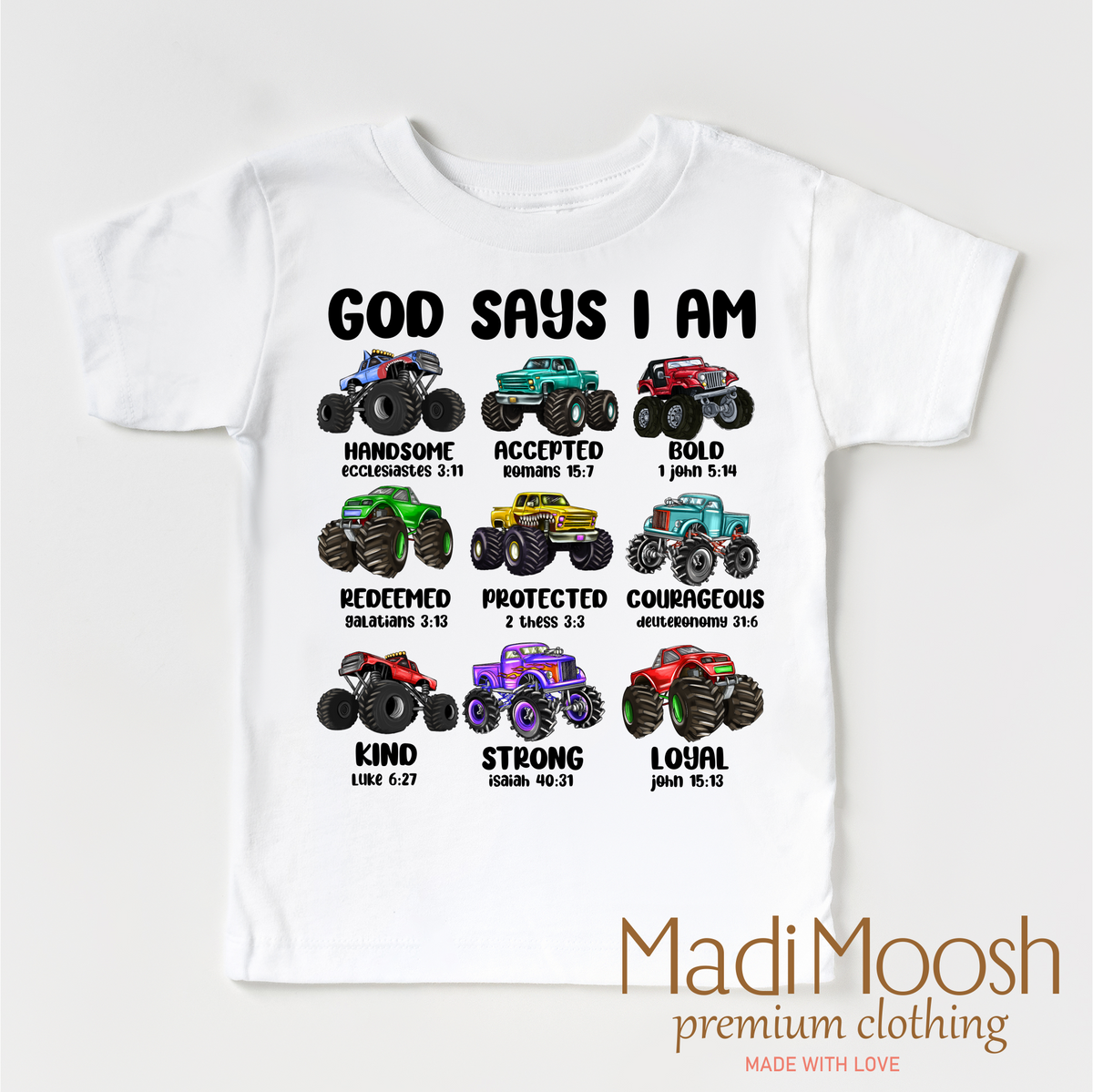 God Says I Am Bible Verses Monster Truck Shirt - Christian Tee - Madi Moosh Boutique