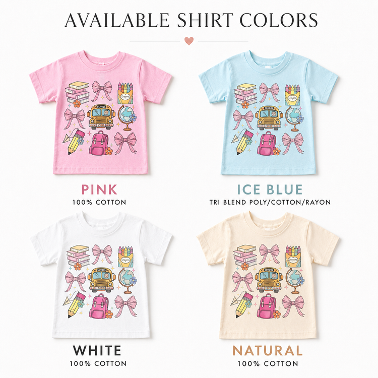 Girls Back to School Shirt, Pink Bow School Supplies Tee, Coquette School Bus Kids Teacher Tee