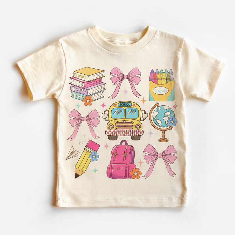 Girls Back to School Shirt, Pink Bow School Supplies Tee, Coquette School Bus Kids Teacher Tee
