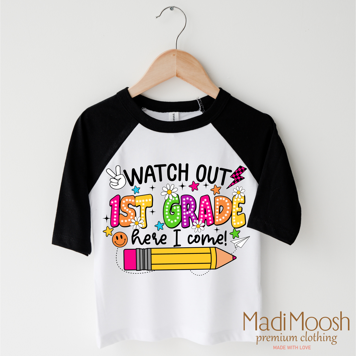 Watch Out 1st Grade Here I Come design on a black-accented shirt.