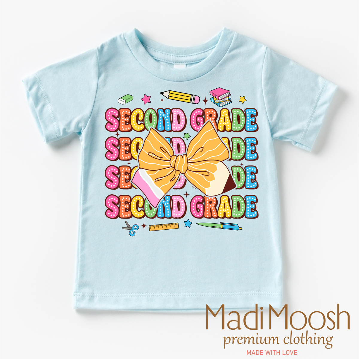 Cute Second Grade School design on a blue garment.