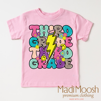 Third Grade Lightning Bolt Back To School design on a pink garment.