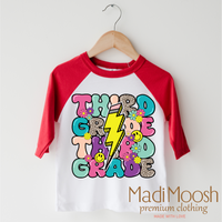 Third Grade Lightning Bolt Back To School design on a red-accented shirt.