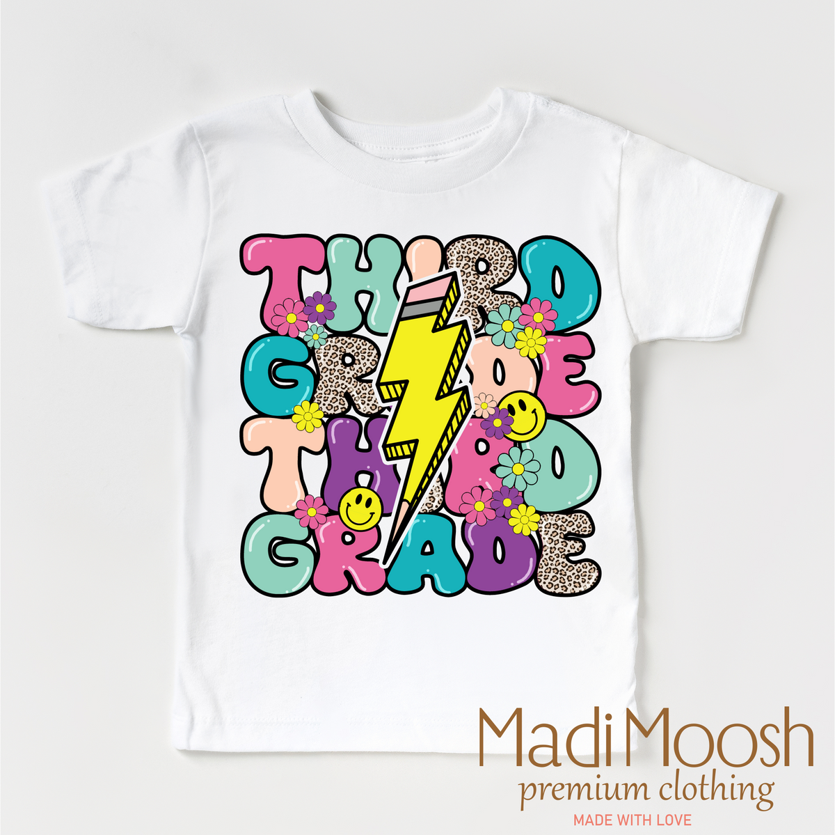 Third Grade Lightning Bolt Back To School design on a white garment.