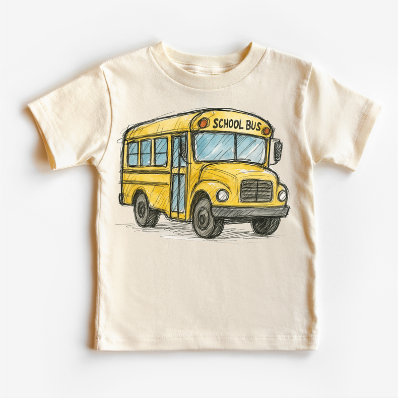 Vintage School Bus Kids T-Shirt – Hand Drawn Back to School Tee – Cute Yellow Bus Graphic Shirt for Boys & Girls