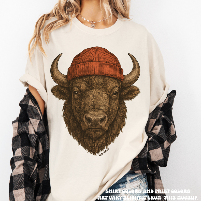 Buffalo Wearing A Beanie Shirt - Printed On Comfort Colors