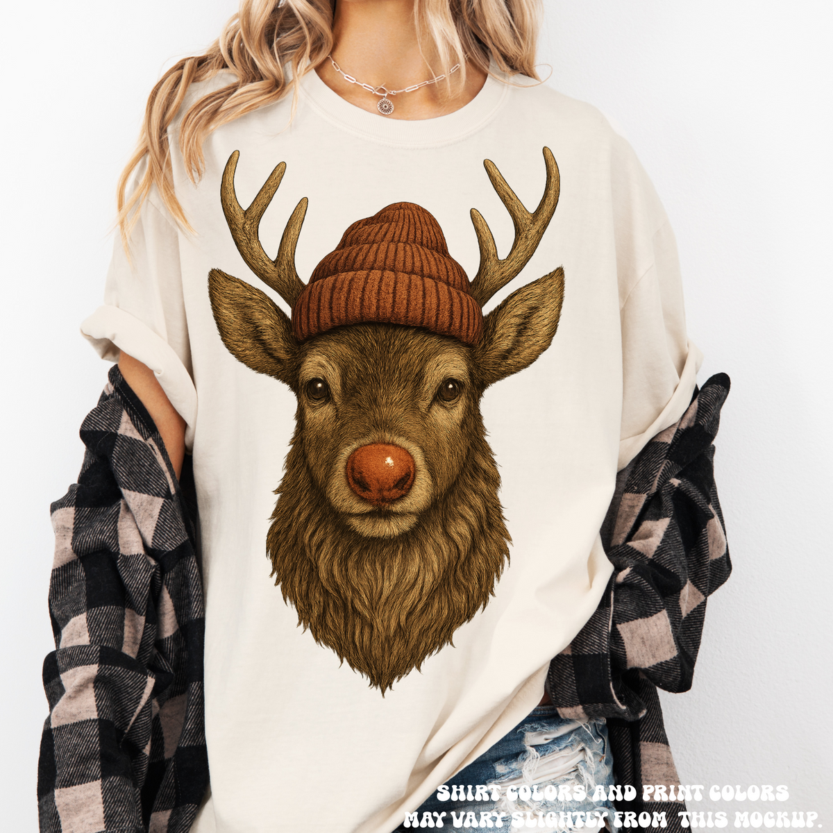 Rudolph Wearing A Beanie Christmas Shirt product design and garment details.