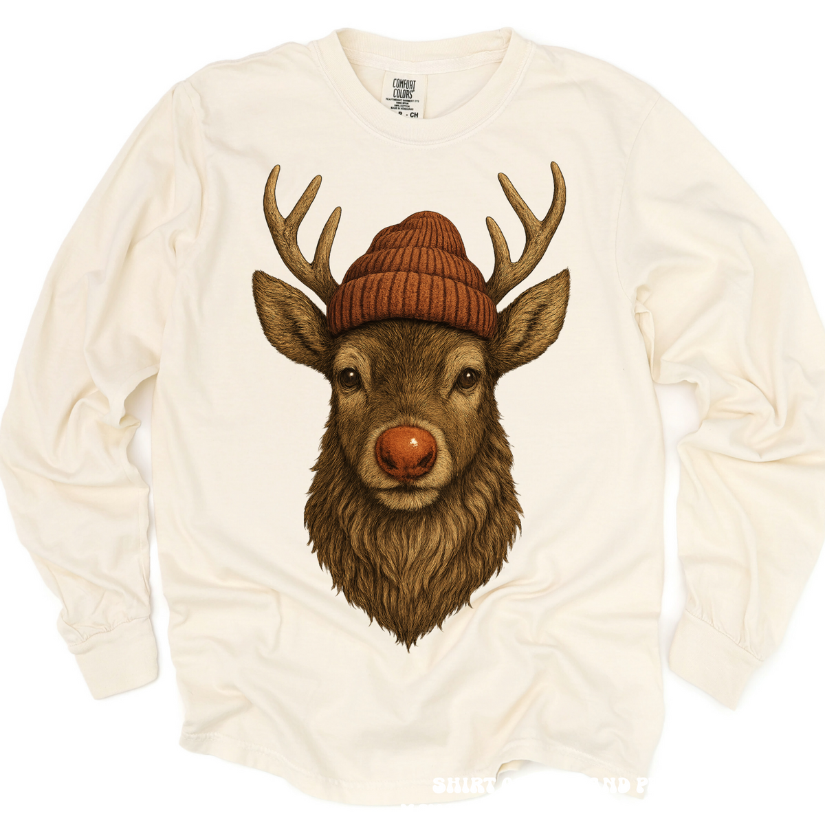 Rudolph Wearing A Beanie Christmas Shirt product design and garment details.