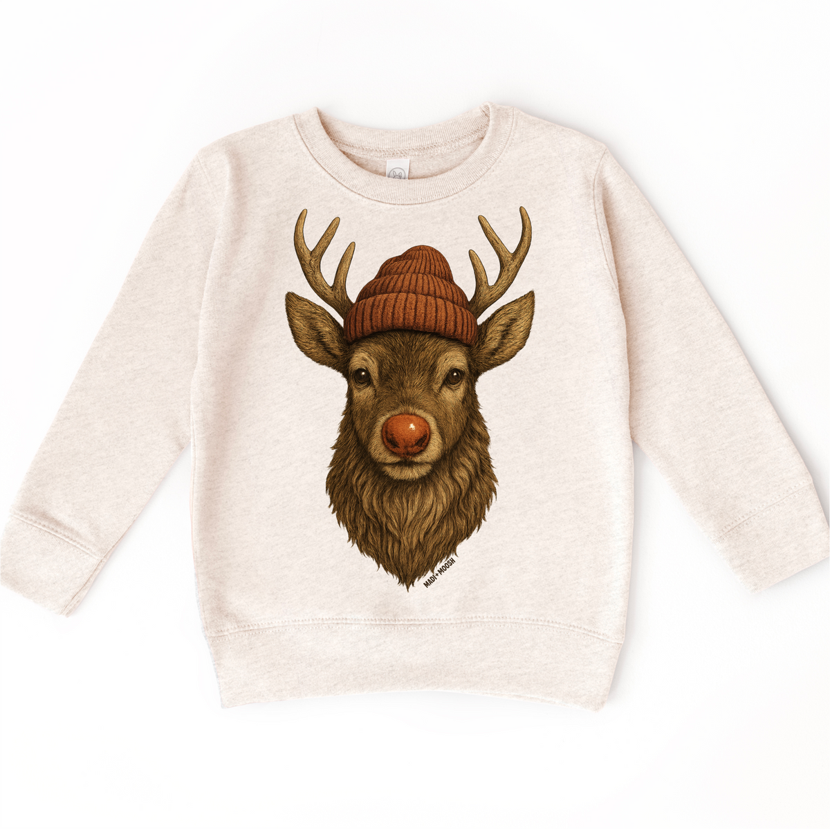 Madi Moosh Rudolph wearing a beanie Christmas sweatshirt