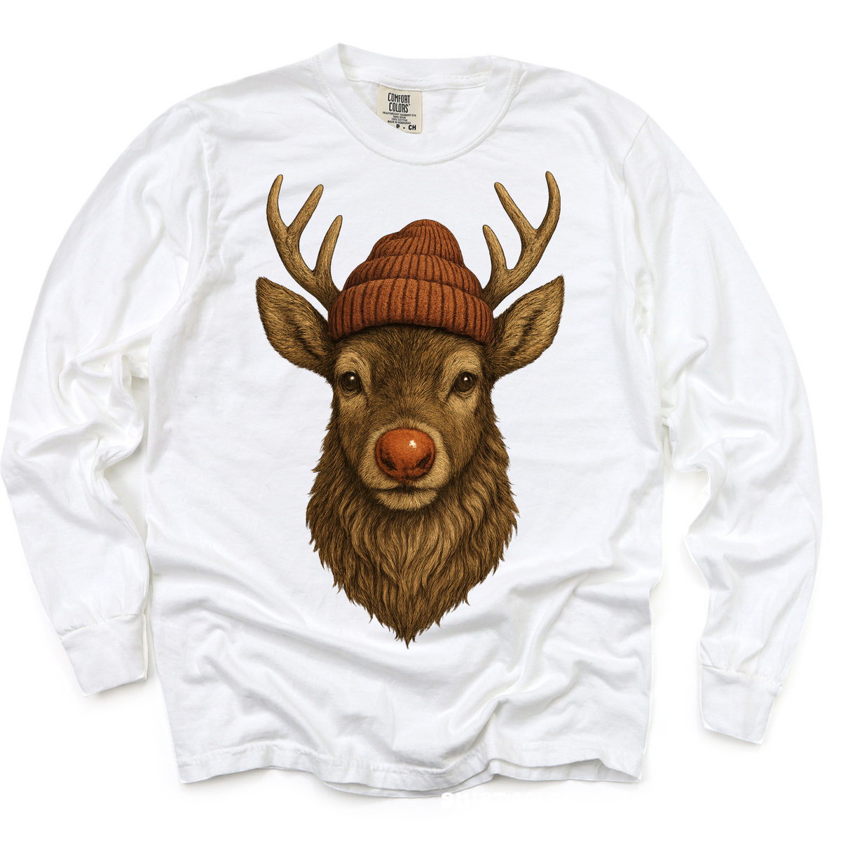 Rudolph Wearing A Beanie Christmas Shirt product design and garment details.