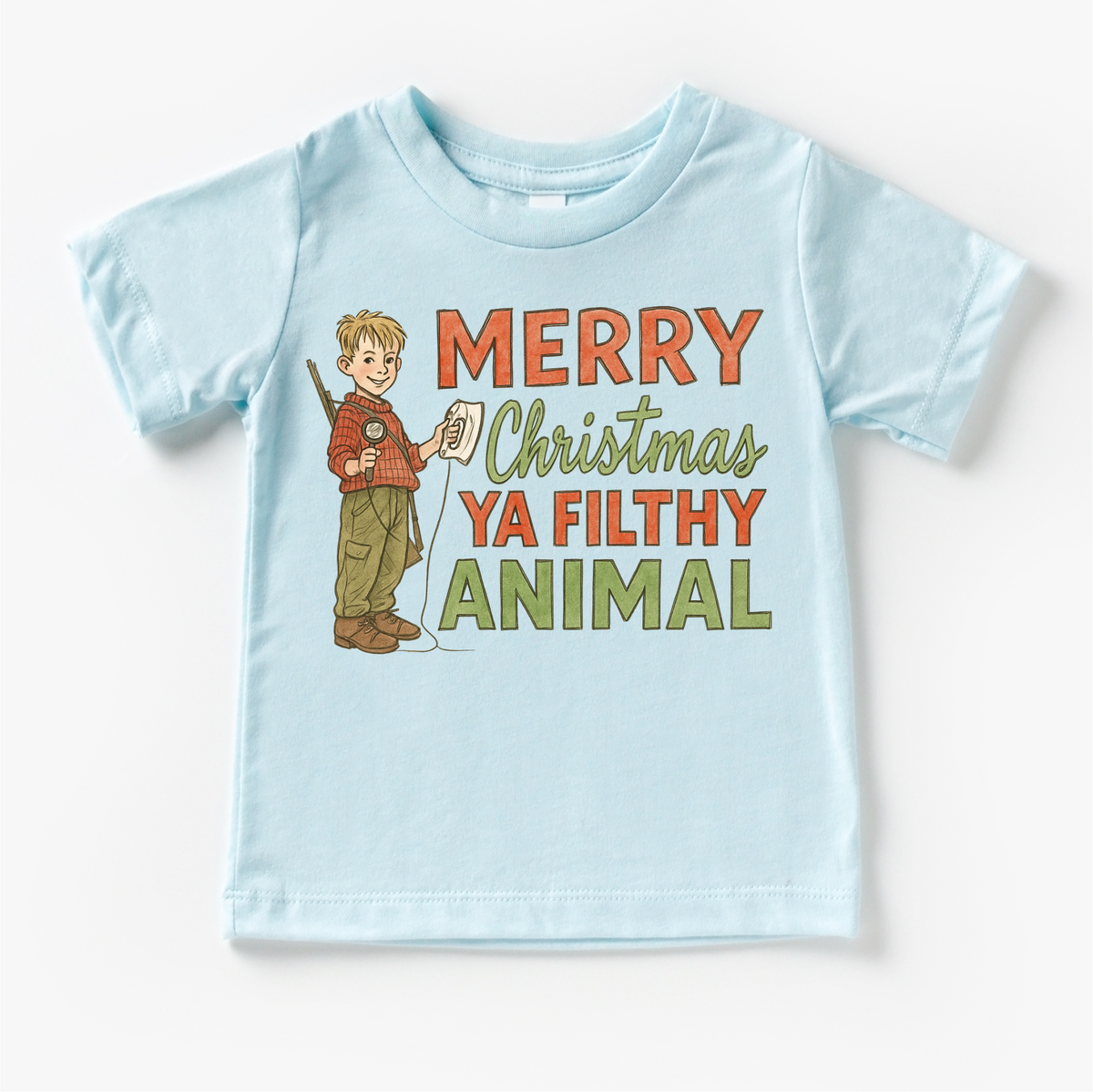 Merry Christmas Ya Filthy Animal Christmas design on a blue garment.