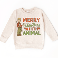 Merry Christmas Ya Filthy Animal Christmas design on a natural sweatshirt.