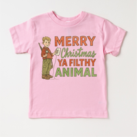 Merry Christmas Ya Filthy Animal Christmas design on a pink garment.