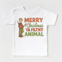 Merry Christmas Ya Filthy Animal Christmas design on a white garment.