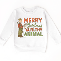 Merry Christmas Ya Filthy Animal Christmas design on a white sweatshirt.