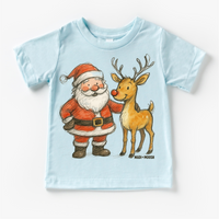 Santa and Reindeer Christmas design on a blue garment.